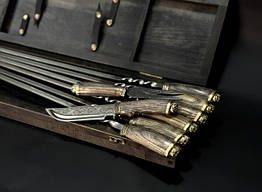 Набір шампурів ручної роботи на подарунок  «Козак» із виделкою та ножем у дерев'яному кейсі