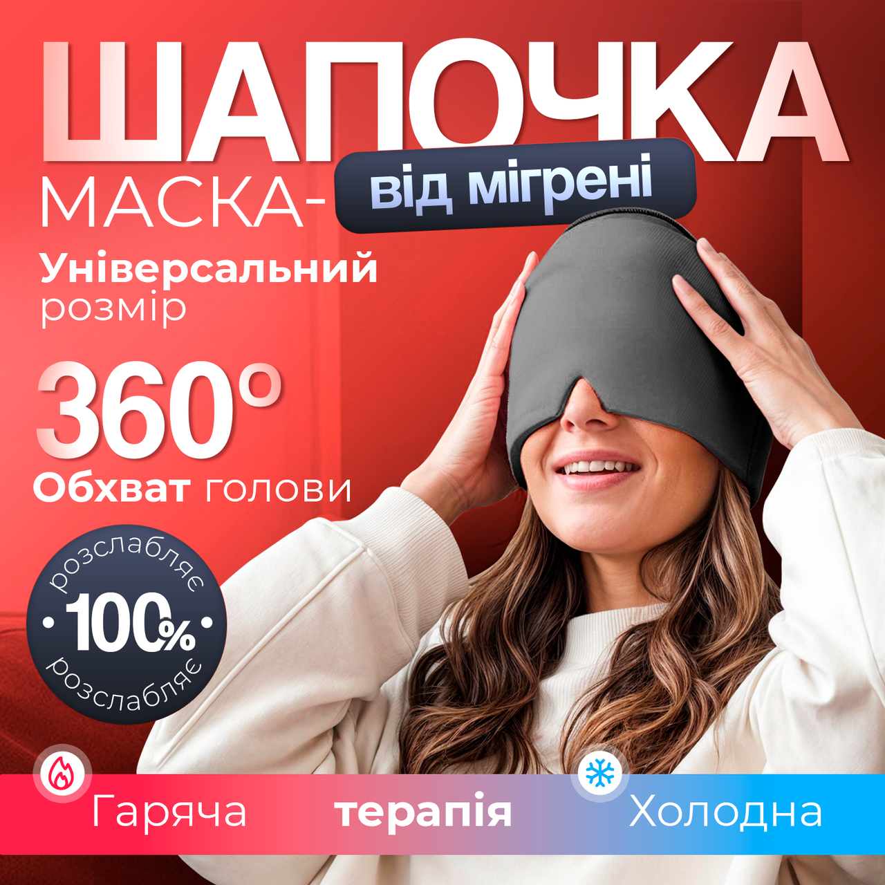 Шапка для полегшення головного болю, мігрені, стресу, опухлих очей - шапка з холодним компресом Сіра