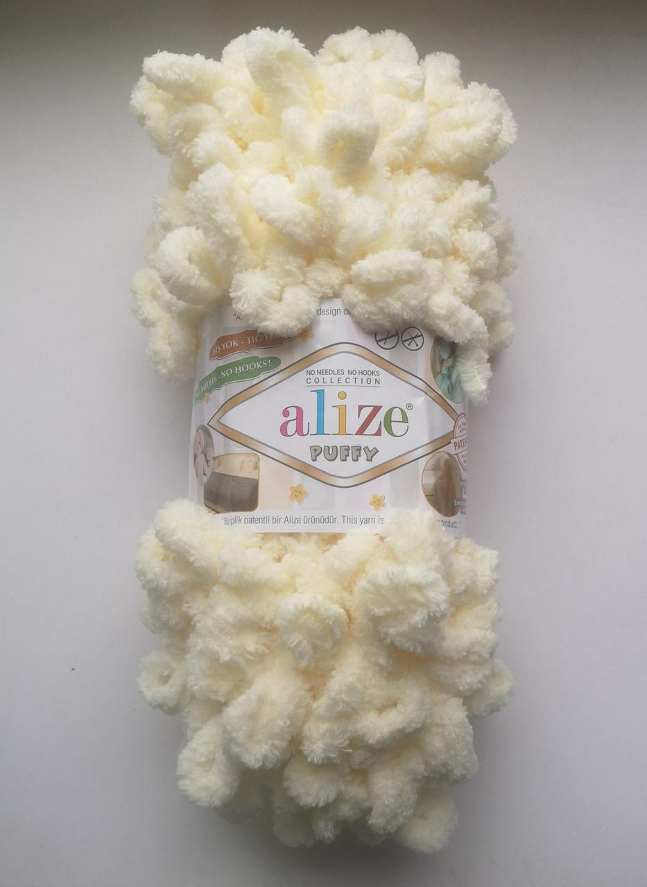 Alize Puffy Пуффі колір молочний 01 для в'язання без спиць руками з петельками петлями 1 моток  100г, фото 1