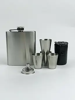 Фляга набір 7oz (207 мл) з 4 металевими стаканами, сірий кейс, Герб України жовто-блакитний, стильний патріотичний подарунок
