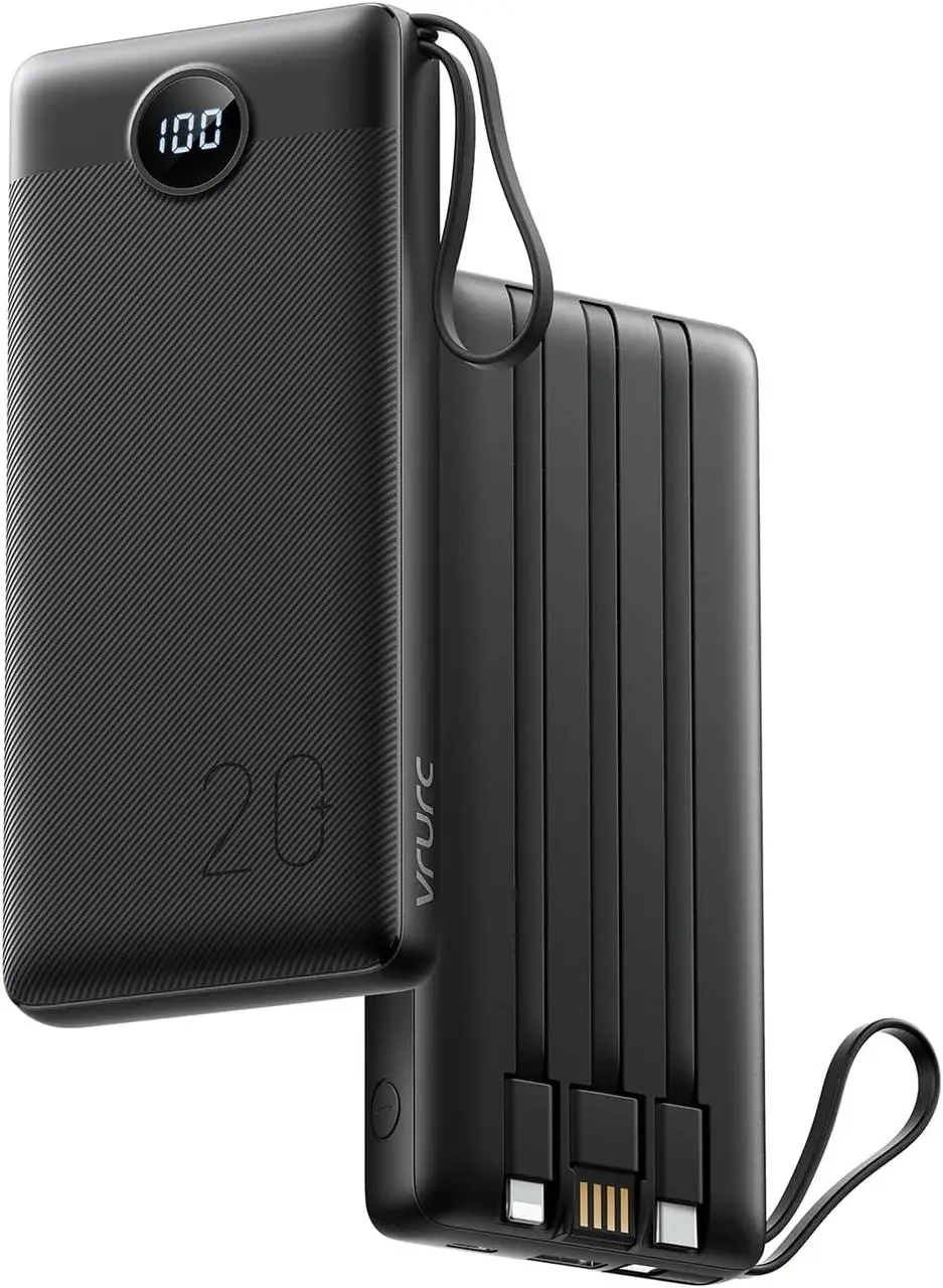 Портативний зарядний пристрій VRURC 20000mAh, швидка зарядка Power Bank із вбудованими кабелями