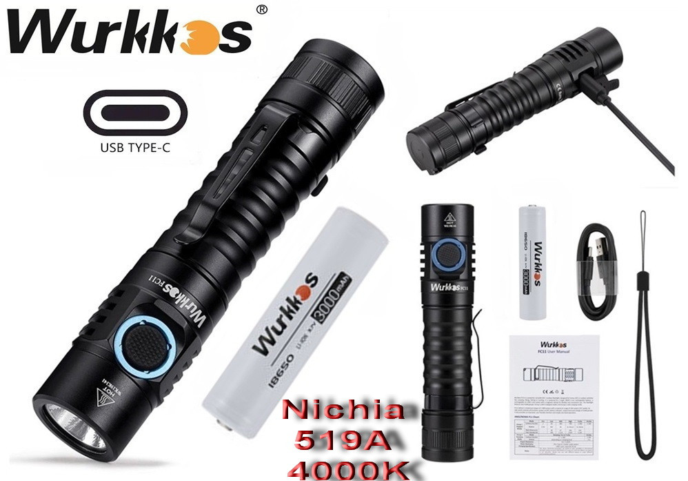 Ліхтар Wurkkos FC11 NICHIA 519A 4000K + Оригінальний Акумулятор 3000mAh 18650 (1300LM, USB-C, Тепле с