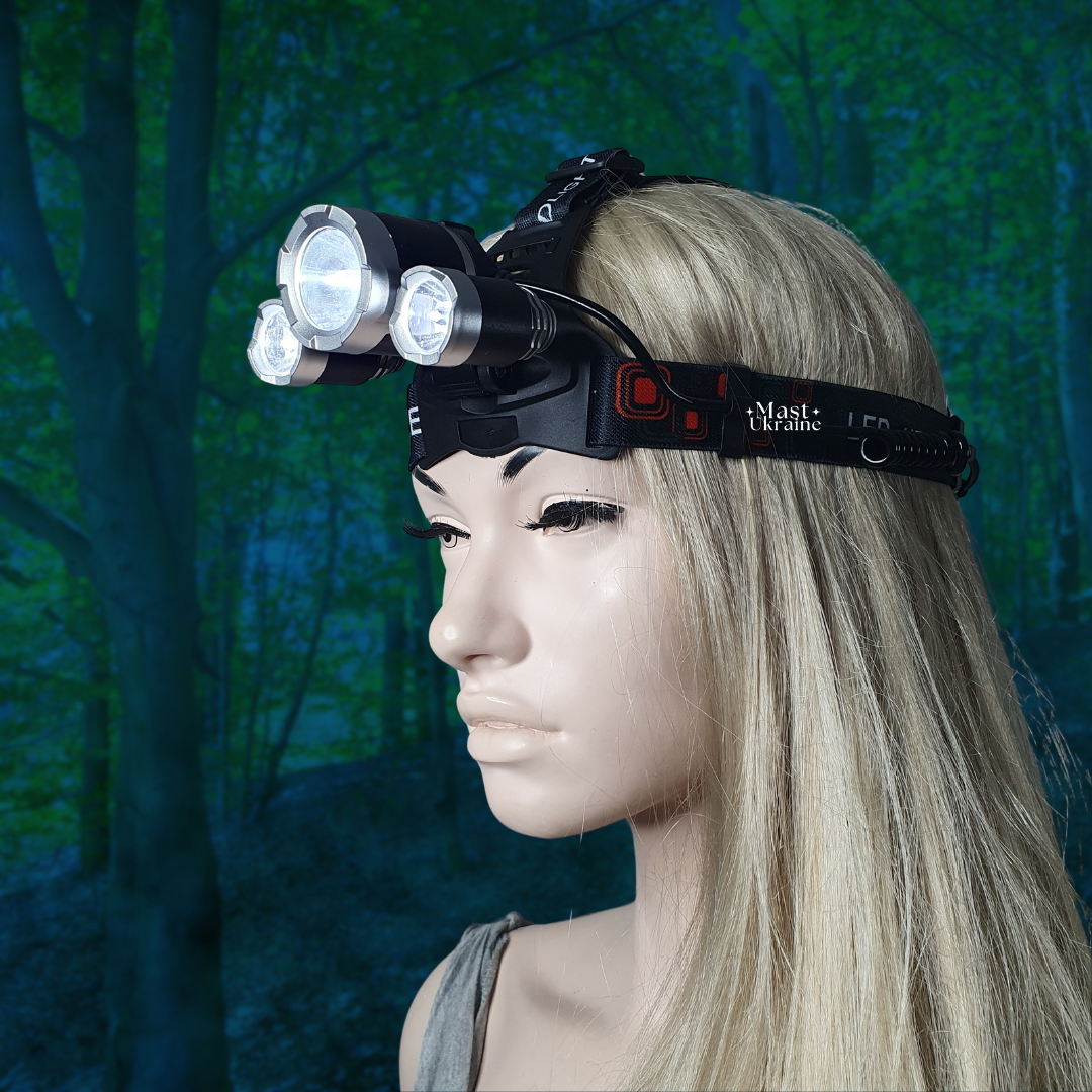 Універсальний налобний ліхтарик з трьома світлодіодами та регульованим нахилом RJ-3000, фото 1