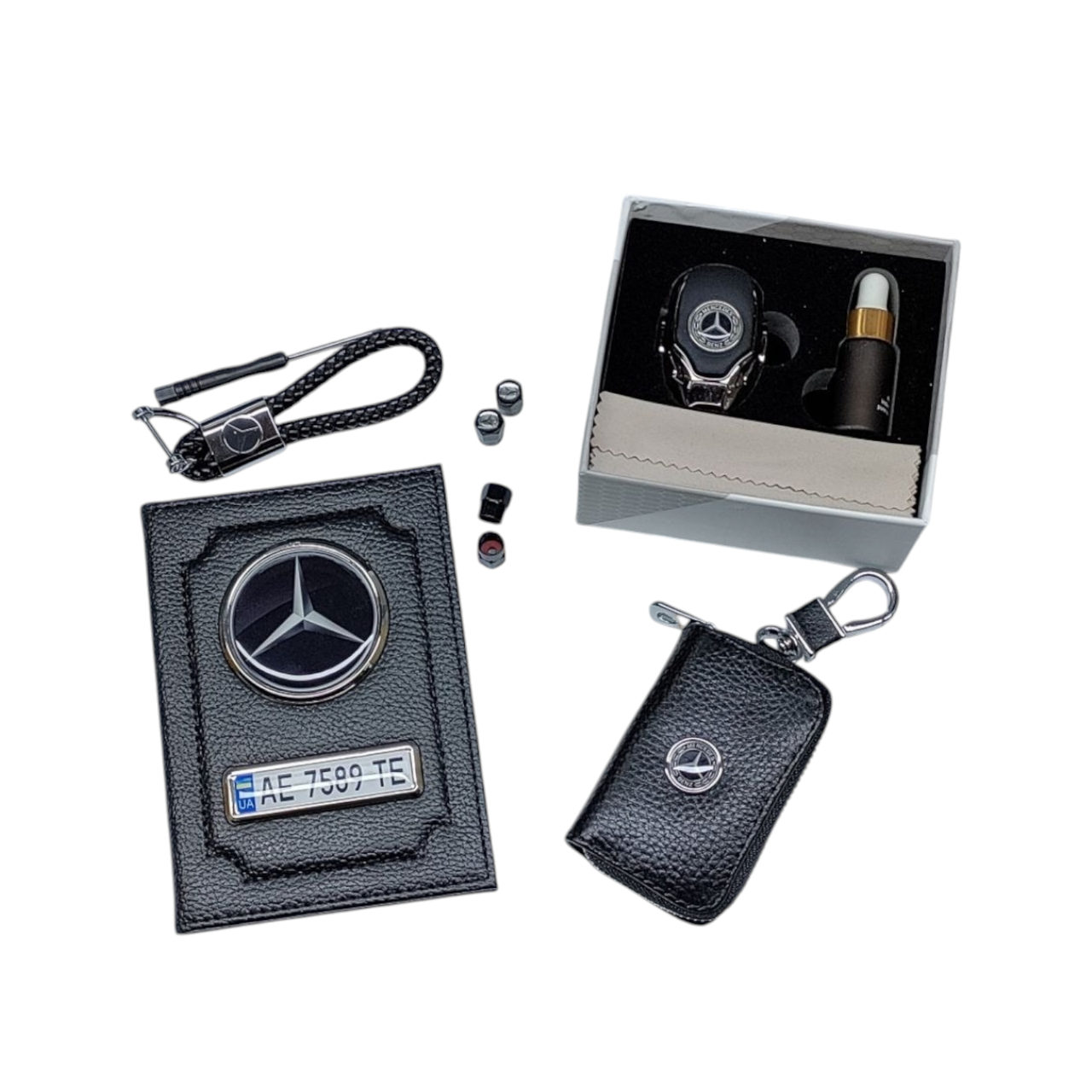 Комплект з логотипом Mercedes, обкладинка для документів Мерседес, ароматизатор, ключниця, брелок, ковпачки.