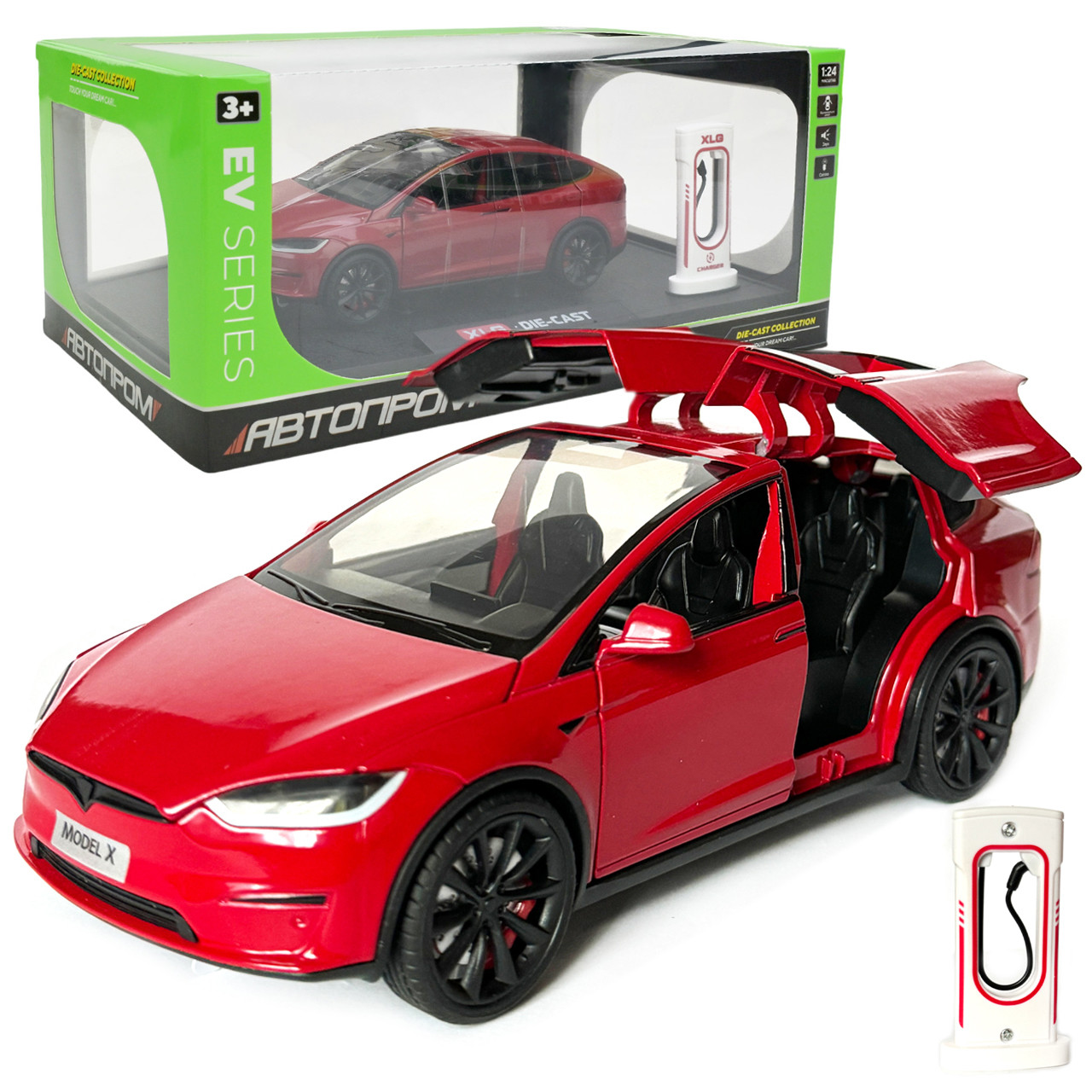 Машинка металева Tesla Model X Electrocar Тесла Модель X Електрокар червона 1:24 зарядна станція звук світло відч двері капот