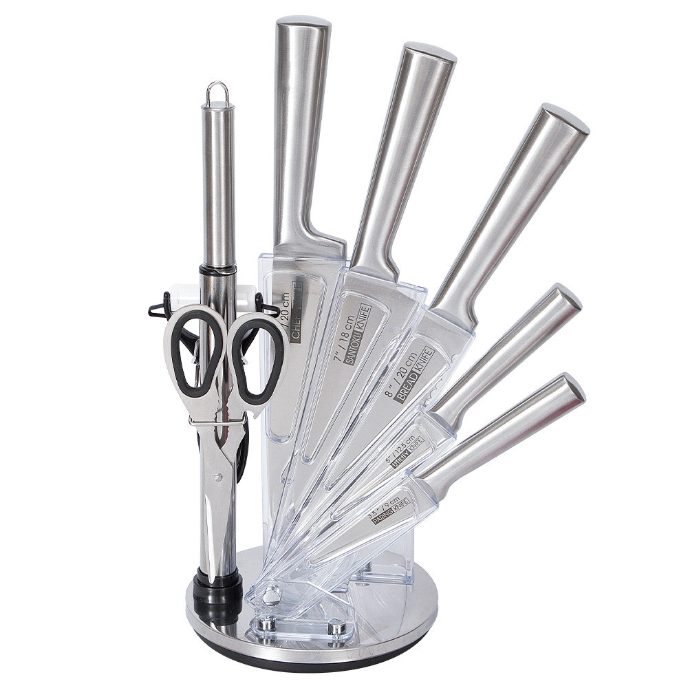 Набір ножів Kitchen of King з нержавіючої сталі 9 в 1 на підставці Срібло KK-025