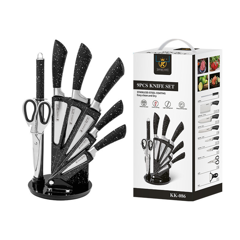 Набір ножів Kitchen of King з нержавіючої сталі 9 в 1 на підставці Чорний графіт KK-086