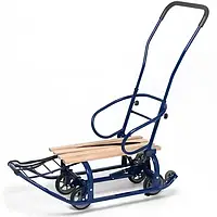 Санки дитячі на колесах Патріот сині складні з батьківською ручкою