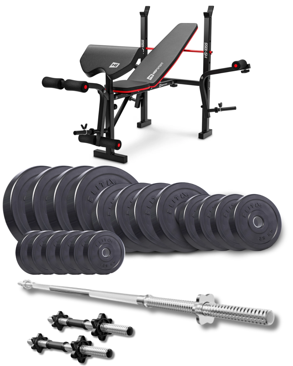 Набір Elitum Titan 89кг зі лавкою HS-1055 Pro, штангою і гантелями