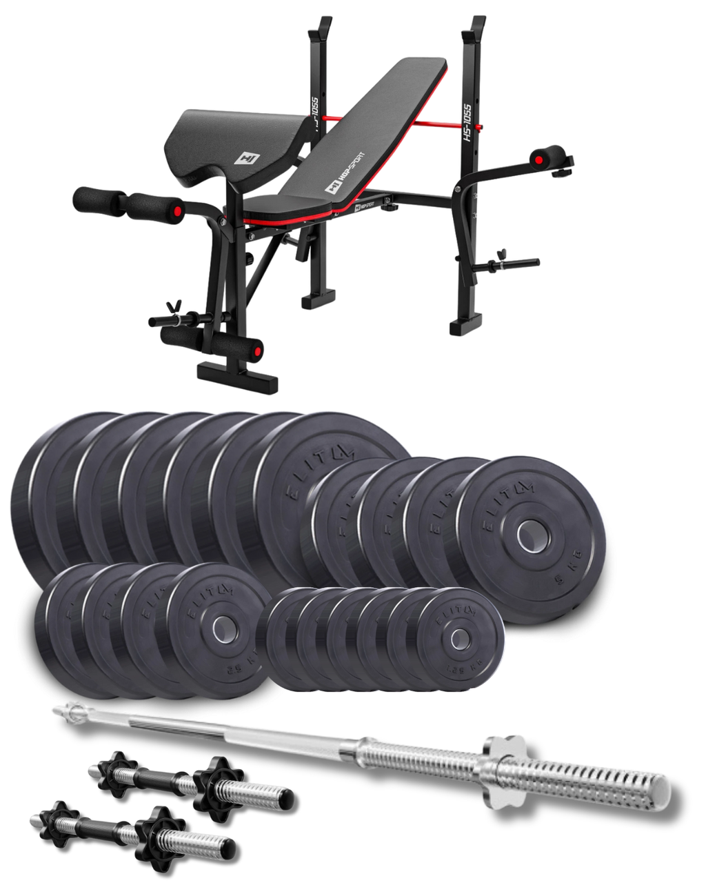 Набір Elitum Titan 109 кг зі лавкою HS-1055 Pro, штангою і гантелями