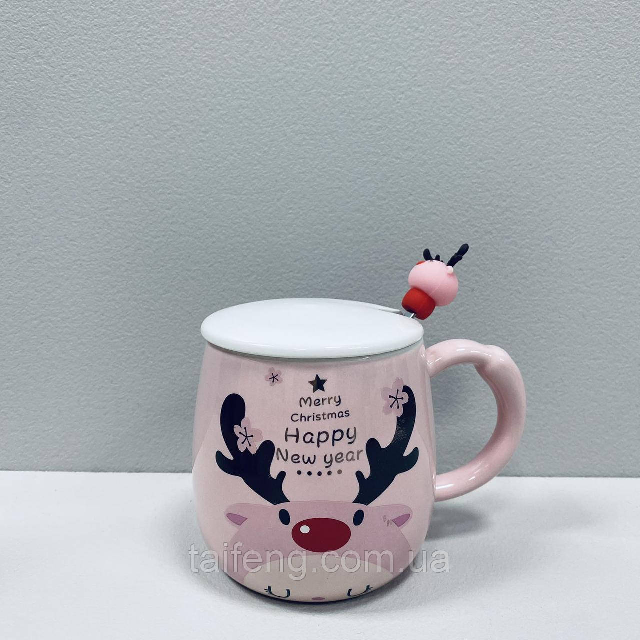 Новорічний кухоль "Олень" з кришкою і ложкою 360 мл O8030-220 РОЗОВА