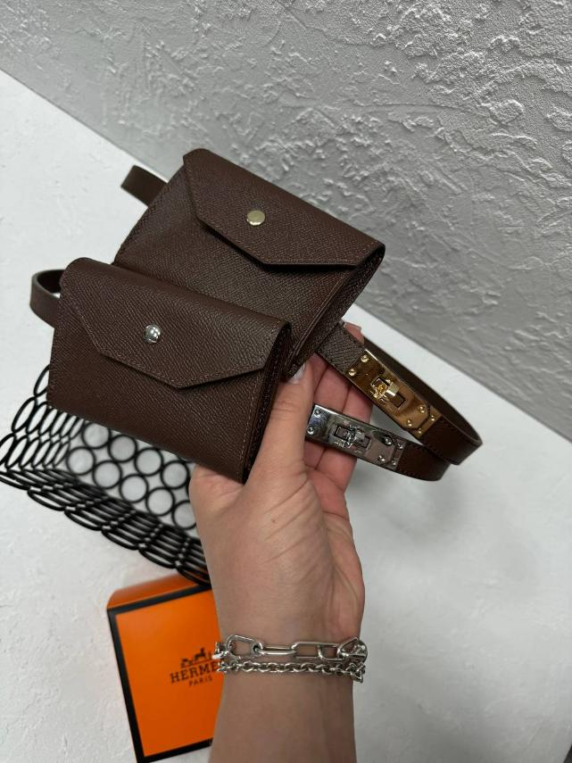 Ремінь жіночий шкіряний Hermes з гаманцем пряжка срібло та золото, ширина 18 мм., коричневий, 931495-3, фото 1