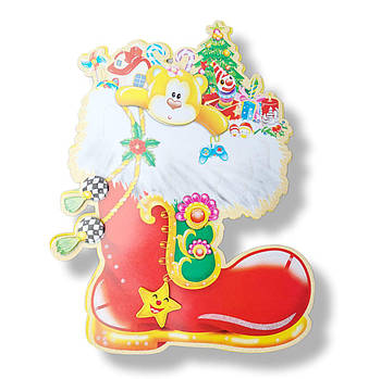 Новорічні прикраси на вікна Чобіток з іграшками 41 см