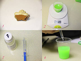 Тщательно по весу дозируем силиконовую основу и катализатор. Здесь на 100 г основы нужно 2,6 мл (2,5 г) катализатора. Тщательно перемешиваем не менее 3-х мин. (лучше миксером) на малых оборотах