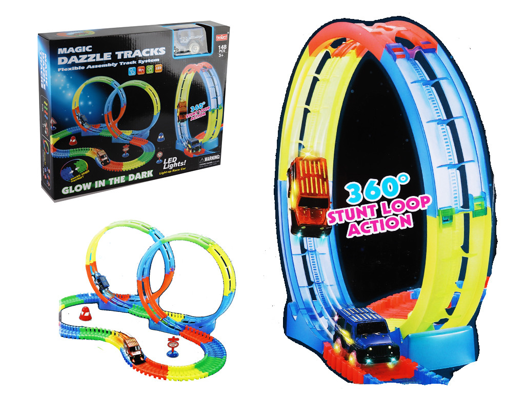 Трек 148 деталей, машинка на батарейках, підсвічування, неоновий трек, в кор. /36-2/, фото 1