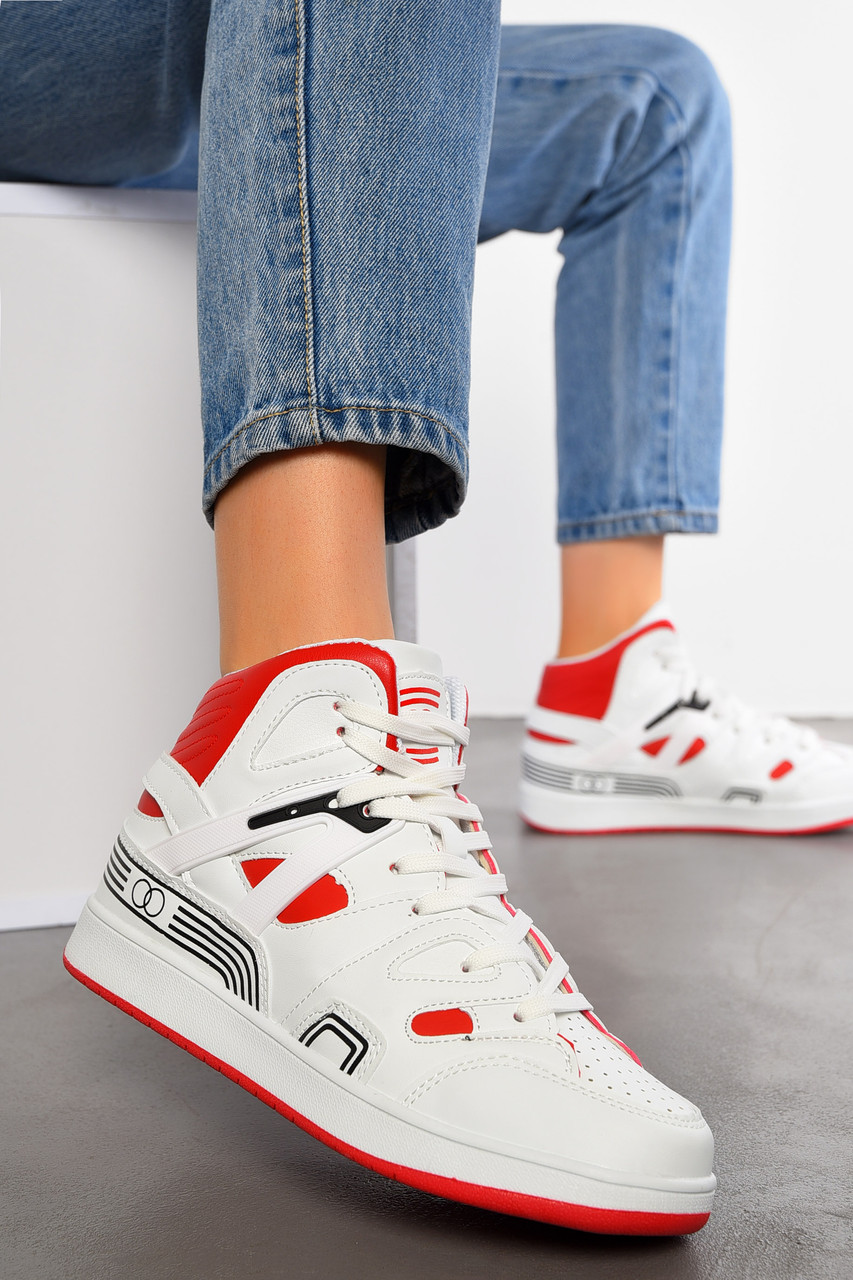 Кросівки жіночі біло-червоного кольору на шнурівці 194459T Безкоштовна доставка, фото 1