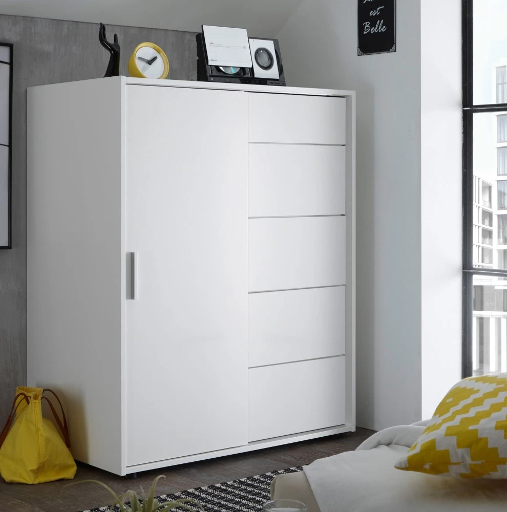 Сучасна стильна низька міні шафа купе біла 1 метр для одягу з шухлядами та штангою Кейс 1Д5Ш Миро-Марк