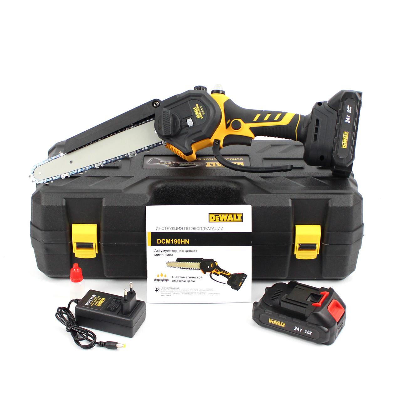 Акумуляторна міні пила DeWalt DCM190HN (24V, 5Аh) щіткова, напівавтоматичне мастило ланцюга