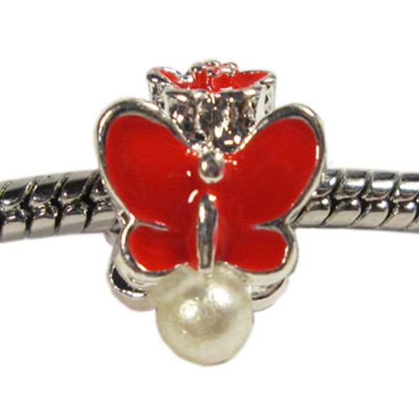 Намистина Шарм13 мм Отвір 5 мм Метелик Червона з Перлиною, Емаль, Метал, Фурнітура для Браслета, фото 1