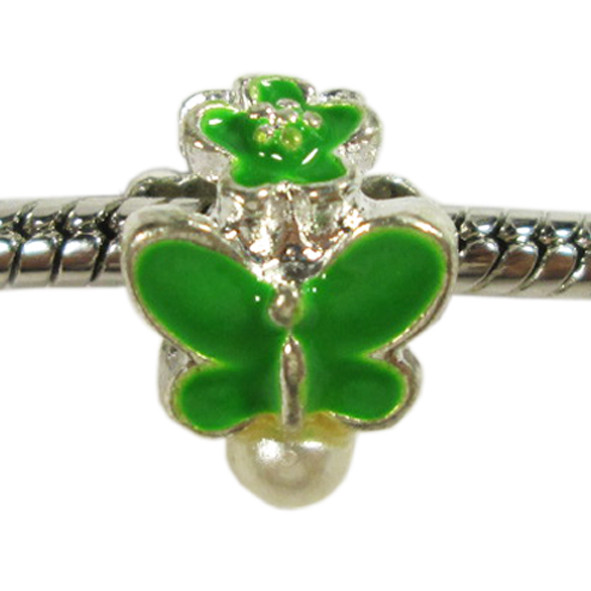 Намистина Шарм 13 мм Отвір 5 мм Метелик Зелений з Перлиною, Емаль, Метал, Намистини Шарми для Браслетів, фото 1