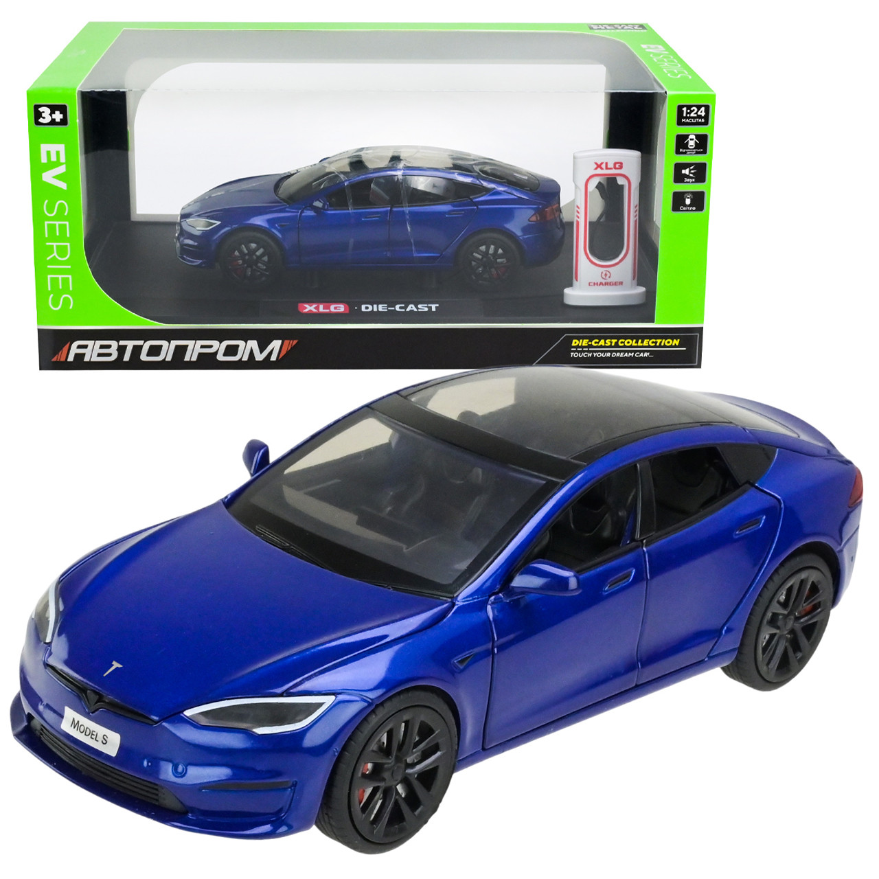 Машинка металева Tesla Model S Electrocar Тесла Модель S Електрокар синя 1:24 зарядна станція звук світло відч двері капот