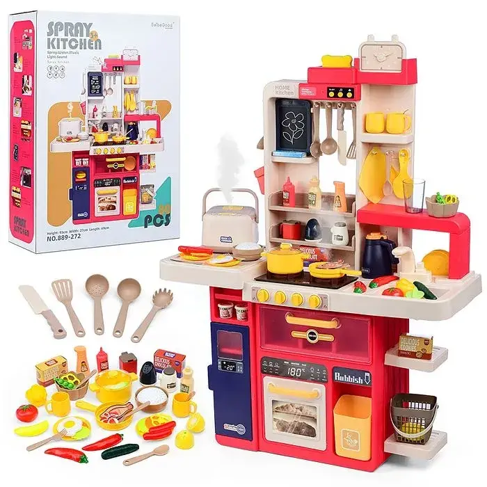 Дитяча ігрова кухня "Spray Kitchen" велика, звук, вода, світло, пара, 80 предметів, 93см, червона, 889-272
