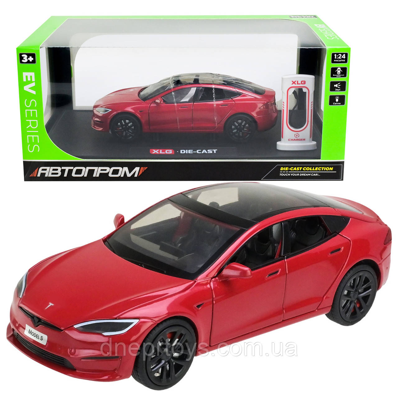 Машинка металева Tesla Model S Electrocar Тесла Модель S Електрокар червона 1:24 зарядна станція звук світло відч двері капот, фото 1