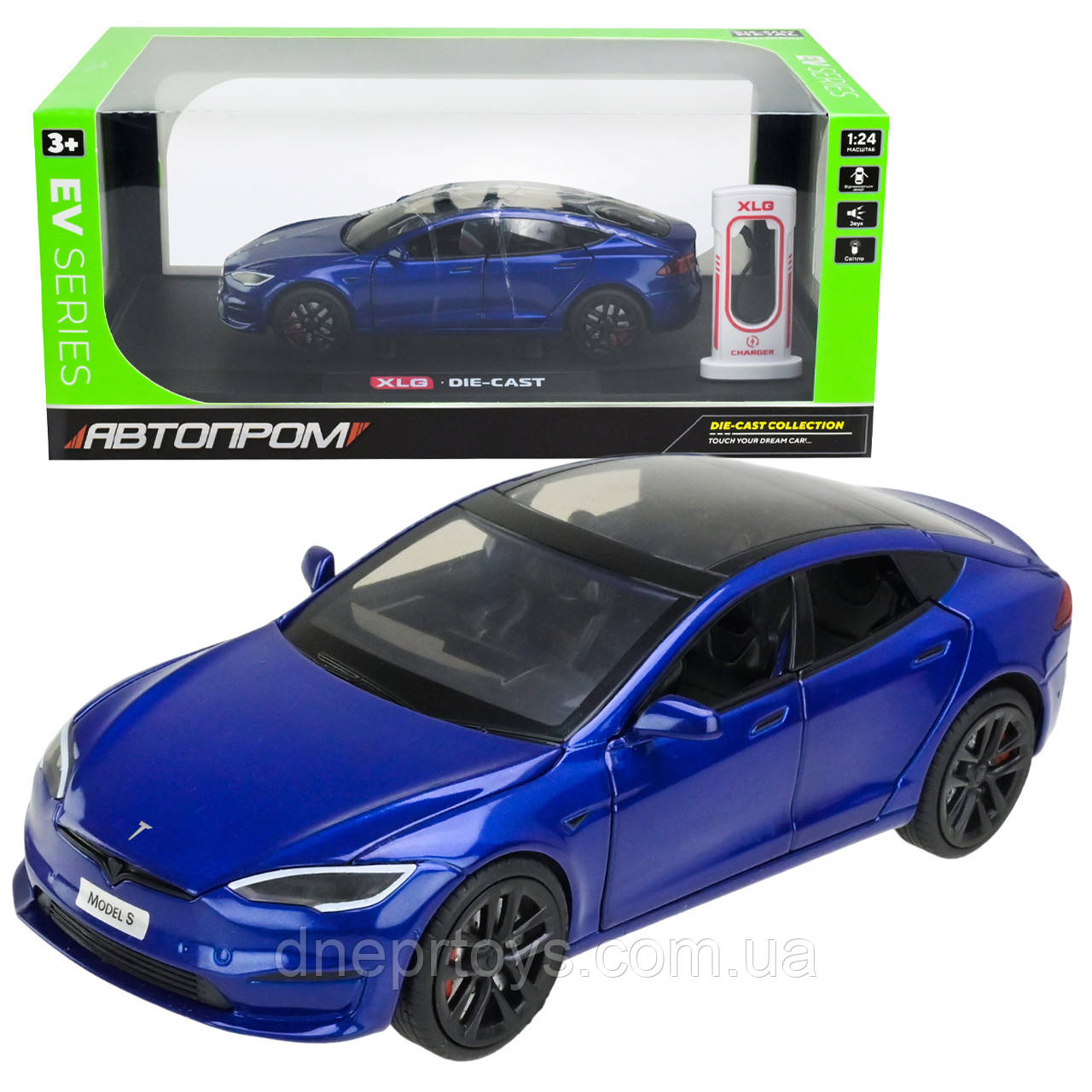 Машинка металева Tesla Model S Electrocar Тесла Модель S Електрокар синя 1:24 зарядна станція звук світло відч двері капот