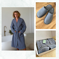 Набор мужской халат и тапочки банные размер M, подарочный наборы халатов стильные вафельные Маренго Синий