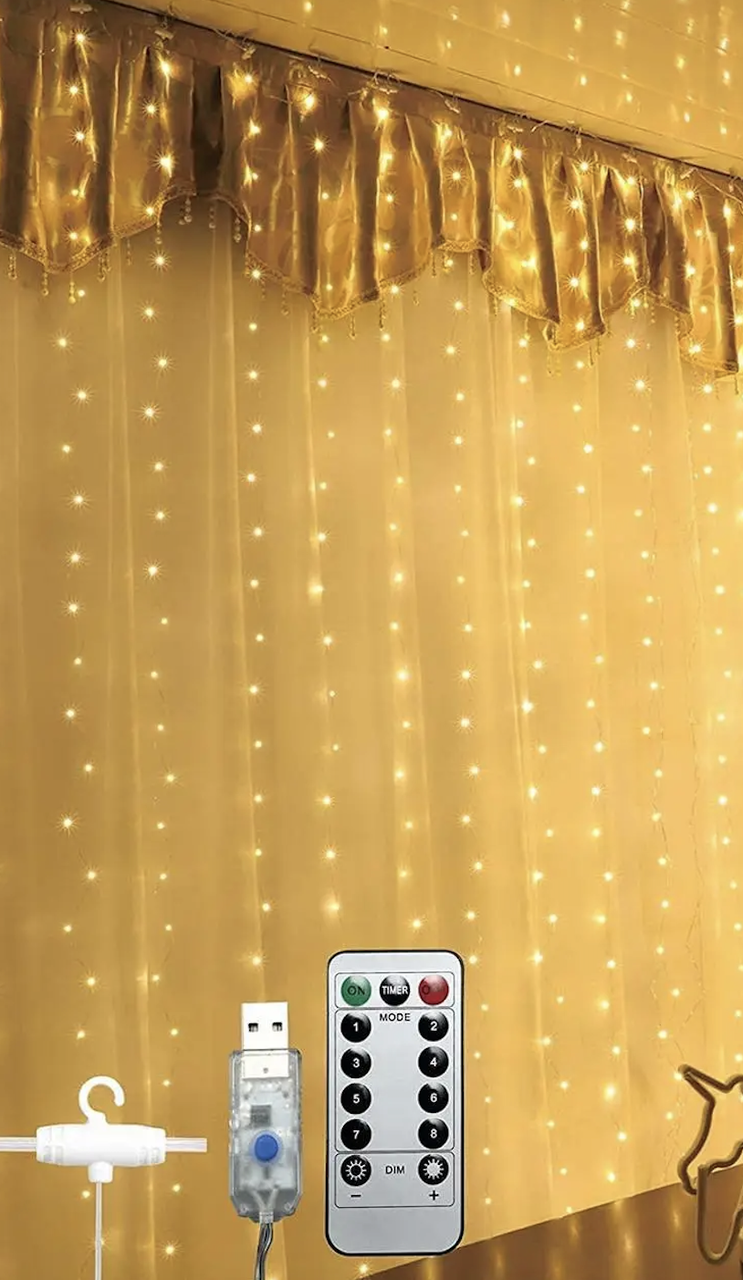Гірлянда-штора Chomik, 3х3 м, 300 LED теплий білий, USB з пультом