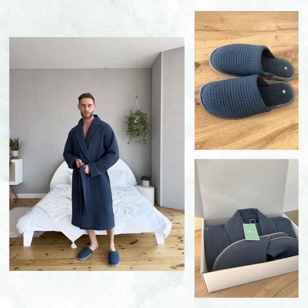 Набір чоловічий халат та тапочки банні розмір S, подарунковий набори халатів стильні вафельні Сапфір Синій, фото 1