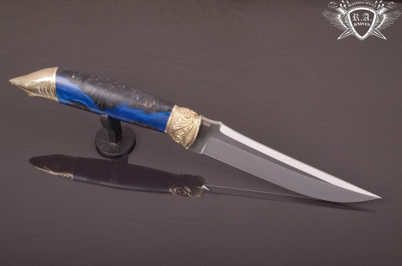 Ніж ручної роботи «Акула» 150х30х4.3мм з нержавіючої сталі та руків'ям з гібрида, фото 1