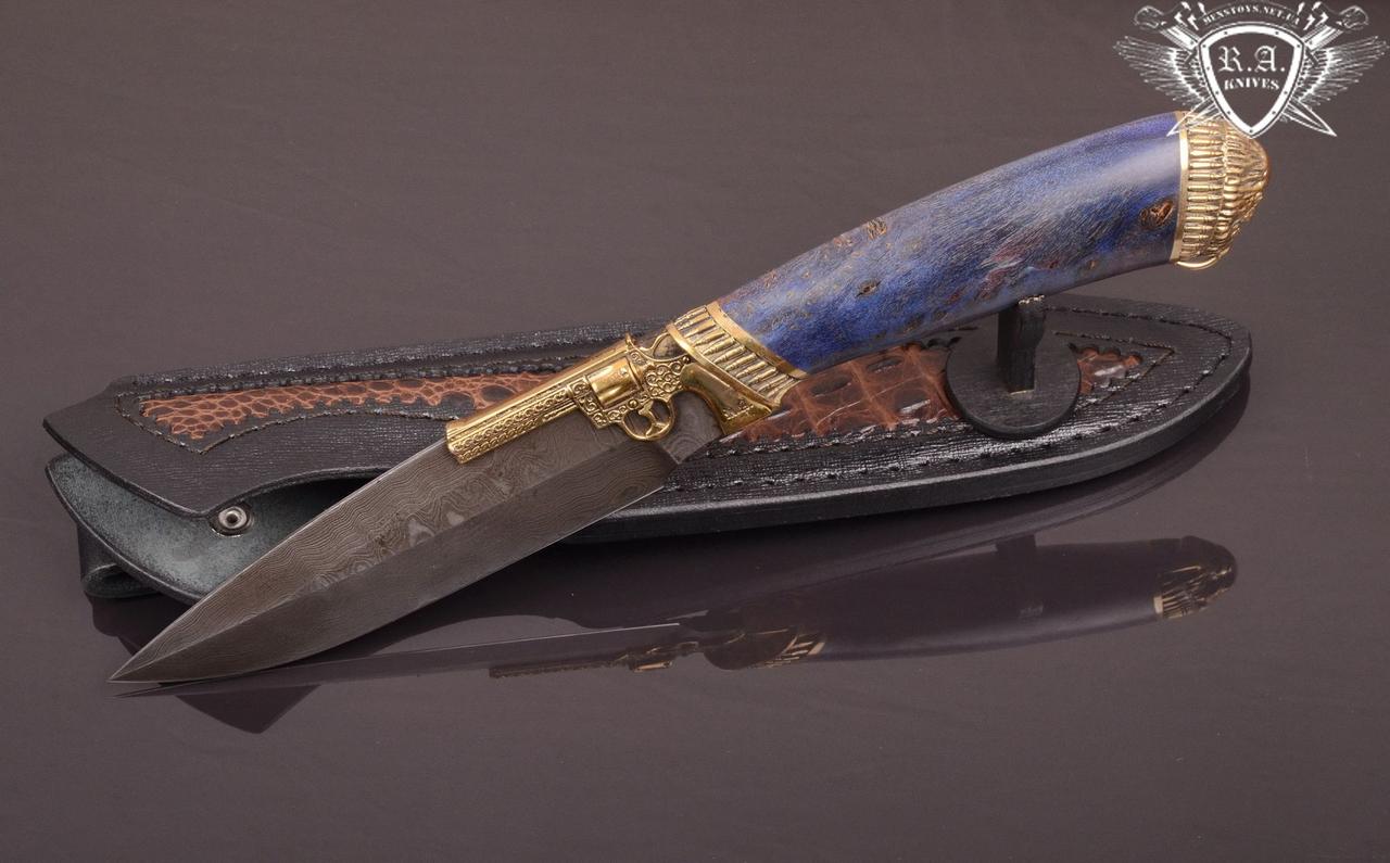 Ніж ручної роботи «Револьвер 2» 155х35х4.5мм з дамаської сталі та руків'ям з кап клена, фото 1