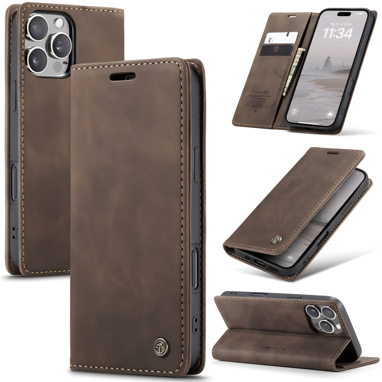 Чохол книжка Caseme з магнітом для iPhone 16 Pro кавовий гаманець