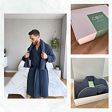 Рушник халат для чоловіків банні комплект розмір S, подарунковий набори халатів вафельні Темно синій