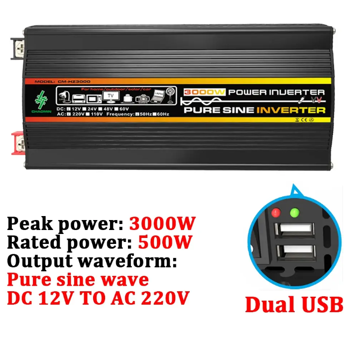 Інвертор напруги 12/220 вольтів чистий синус 3000w (500), фото 1