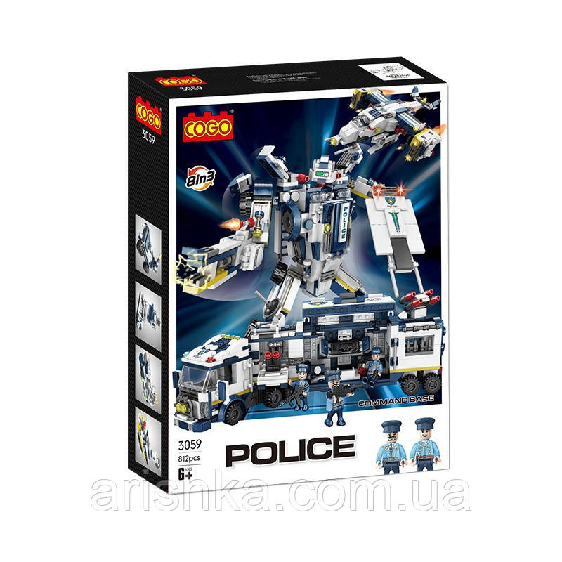 Конструктор Cogo Police 8 в 3 Робот-поліцейський 3059, трейлер, трансформер, літак, техніка 812 дітей, блоковий