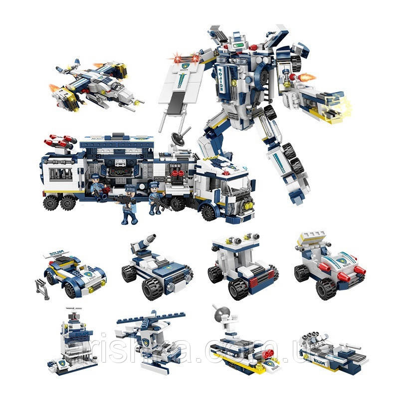 Конструктор Cogo Police 8 в 3 Робот-поліцейський 3059, трейлер, трансформер, літак, техніка 812 дітей, блоковий