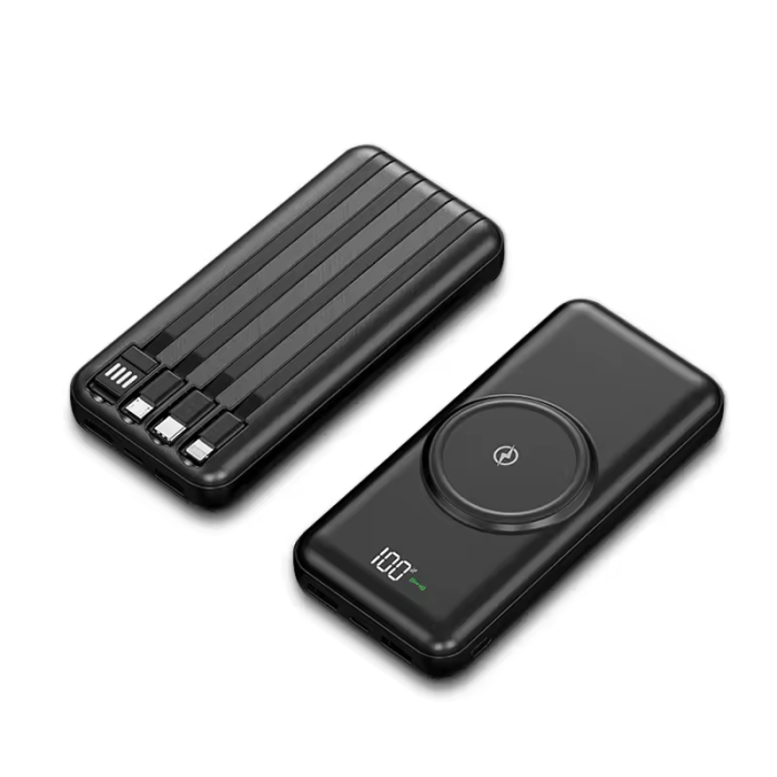 Повербанк Warmsof 20000mAh Чорний з безпровідною зарядкою та LED-дисплеєм + вбудовані проводи