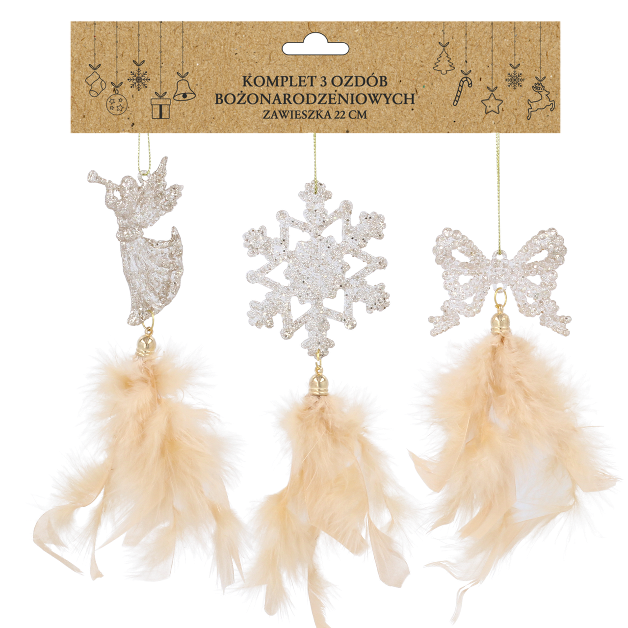 Прикраса-підвіска "Янгол, бант, сніжинка" Chomik з пір'ям, комплект 3 шт, 22 см, шампань