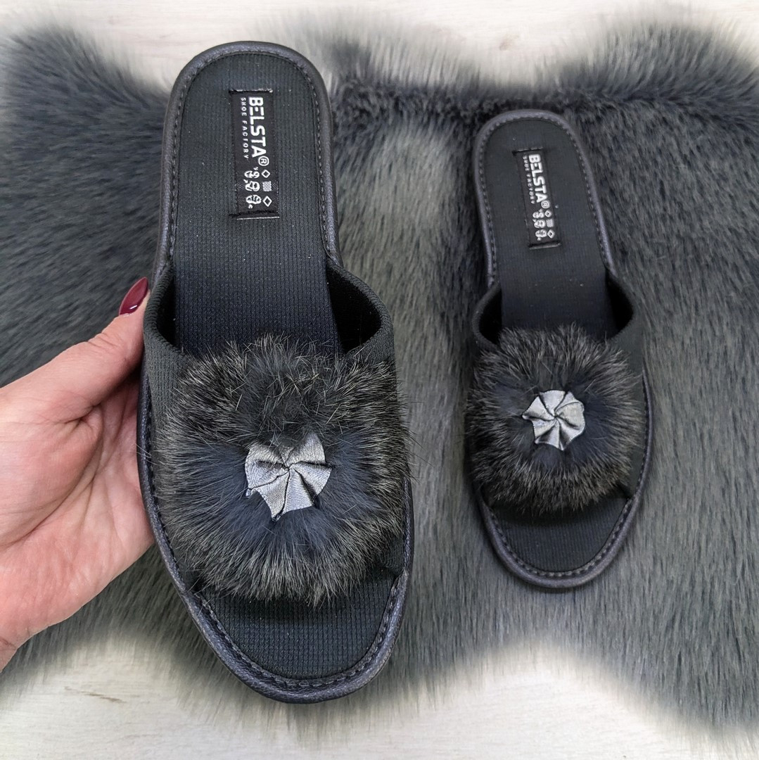 Тапочки жіночі Белста вельветові сірого кольору з відкритим носком 2850, фото 1