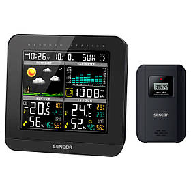 Sencor Метеостанція, внутр/зовн вимірювання, від мережі/AAAх3+AAx2, темп-ра, вологість, час, прогноз погоди,