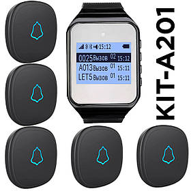 Система виклику офіціанта та персоналу KIT-A201: Вологостійкі кнопки виклику офіціанта 5 шт + пейджер 1 шт.