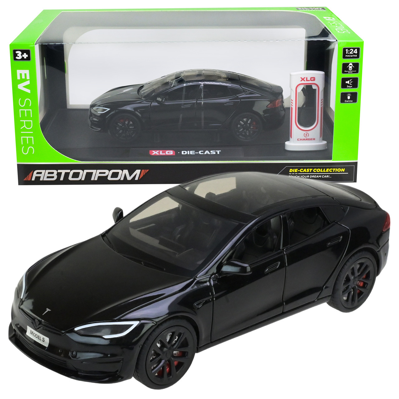 Машинка металева Tesla Model S Electrocar Тесла Модель S Електрокар чорна 1:24 зарядна станція звук світло відч двері капот