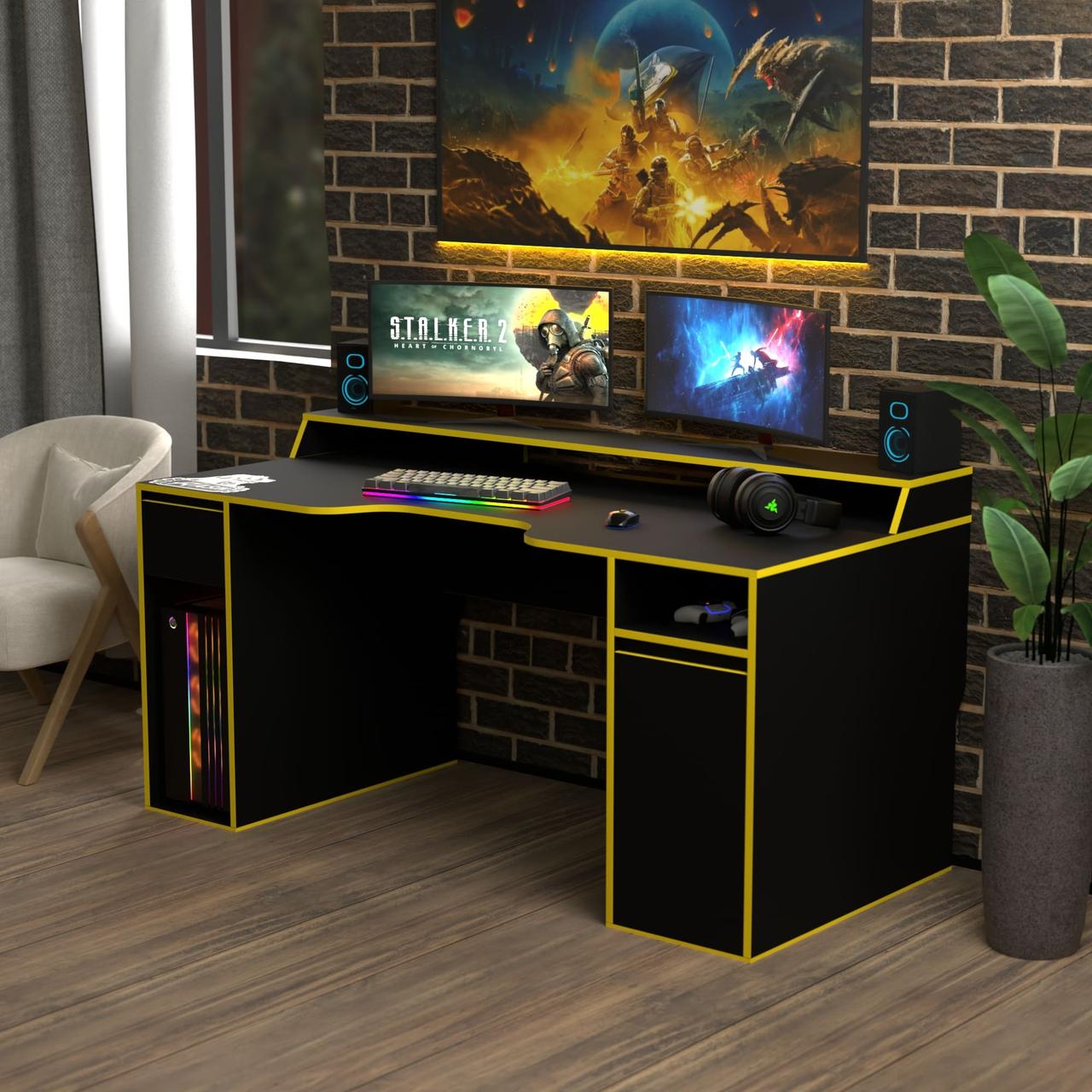 Геймерський стіл Rasin RS-27 170х80х75 см. Чорний/Жовта кромка, фото 1