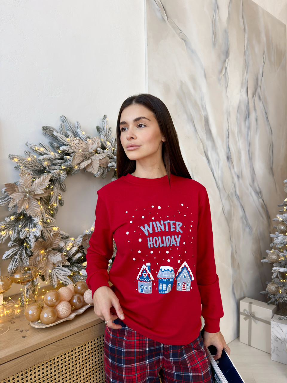 Жіноча тепла піжама НОВОРІЧНА WINTER HOLIDAYS штани клітинка та реглан KMW21, фото 1