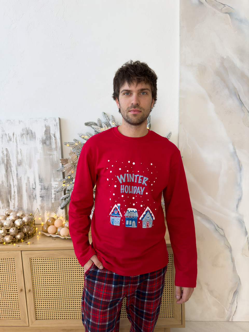 Піжама чоловіча НОВОРІЧНА WINTER HOLIDAYS штани+лонгслів клітина ЧЕВРОНО-СИНІЙ KMW20, фото 1