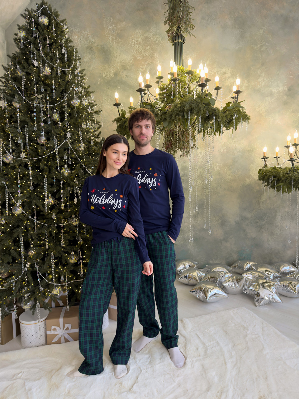 Піжама НОВОРІЧНА жіноча HOLIDAYS штани фланель + трикотажний лонгслів ЗЕЛЕНО-СИНІЙ, фото 1
