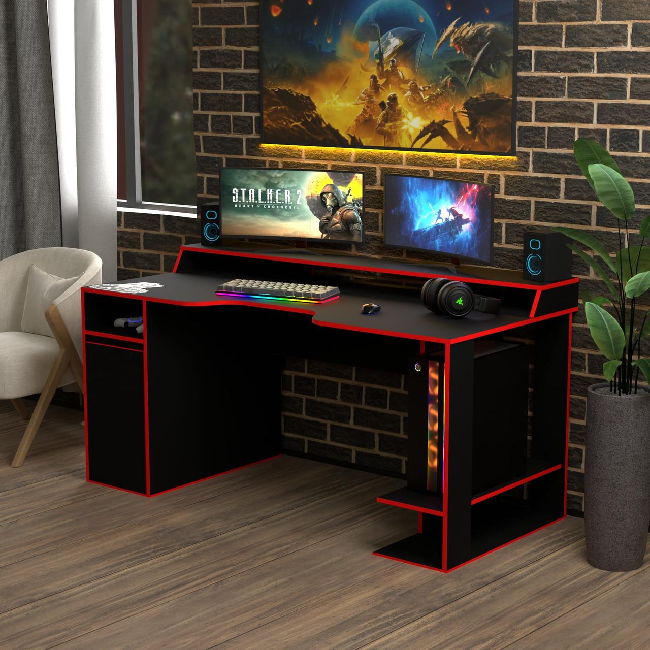 Геймерський стіл Rasin RS-28 170х80х75 см. Чорний/Червона кромка, фото 1
