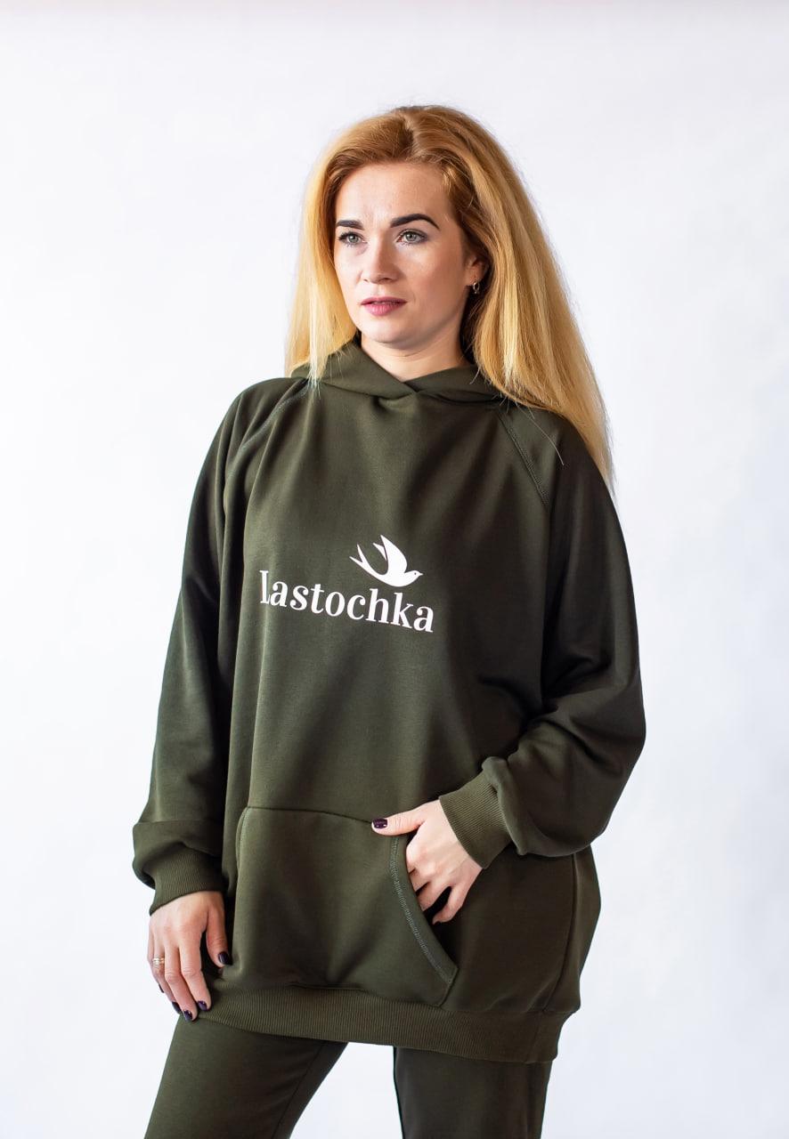 Довге тепле худі Оверсайз S-XL з капюшоном з написом оригінал хакі: must have дівчини зима, весна, осінь